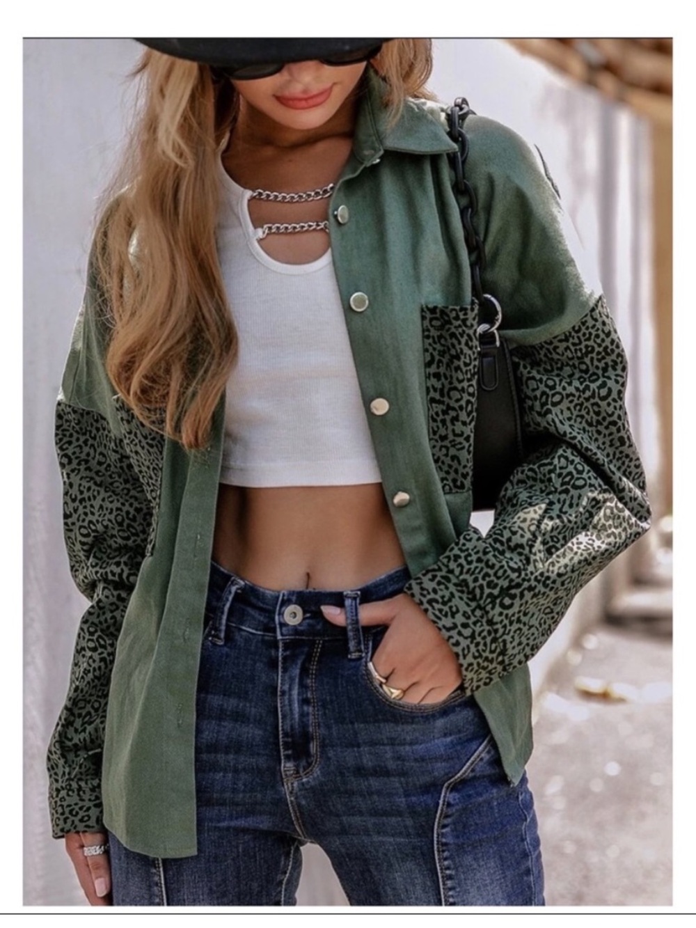 Green Leopard Button Up Shacket with Front Pockets - Size S